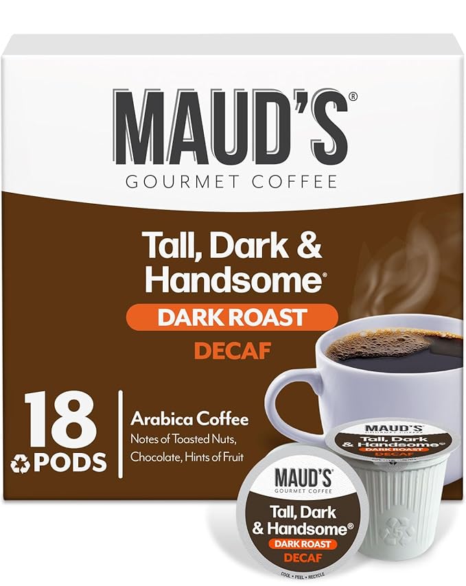 Maud's Decaf Dark Roast Coffee Pods, 18 ct, Decaffeinated Coffee in Recyclable Single Serve Pods – 100% Arabica Coffee, Compatible with Keurig K Cups Maker