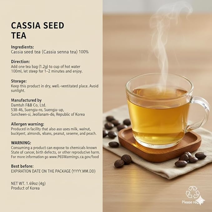 Damtuh Cassia Seed Tea – Traditional Korean Herbal Tea, Smooth & Caffeine-Free, 40 Tea Bags (1.2g each)