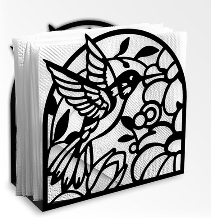 Hummingbird Decorative Black Metal Napkin Holder for Table, 4.9" x 4.9" x 2" Bird Flower Standing Napkin Holder for Home Kitchen Restaurant Picnic Party Coffee Bar Dining Room