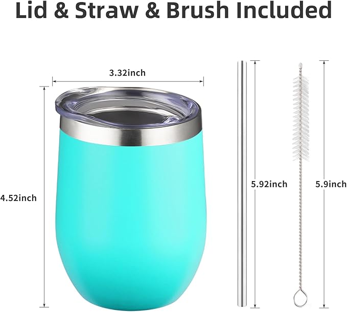 12 oz Insulated Wine Tumbler with Lid and Straw,Stainless Steel Stemless Wine Tumbler Glasses Double Wall Vacuum Wine Cups Tumbler Bulk for Coffee,Champaign,Office(Mint Green,4)