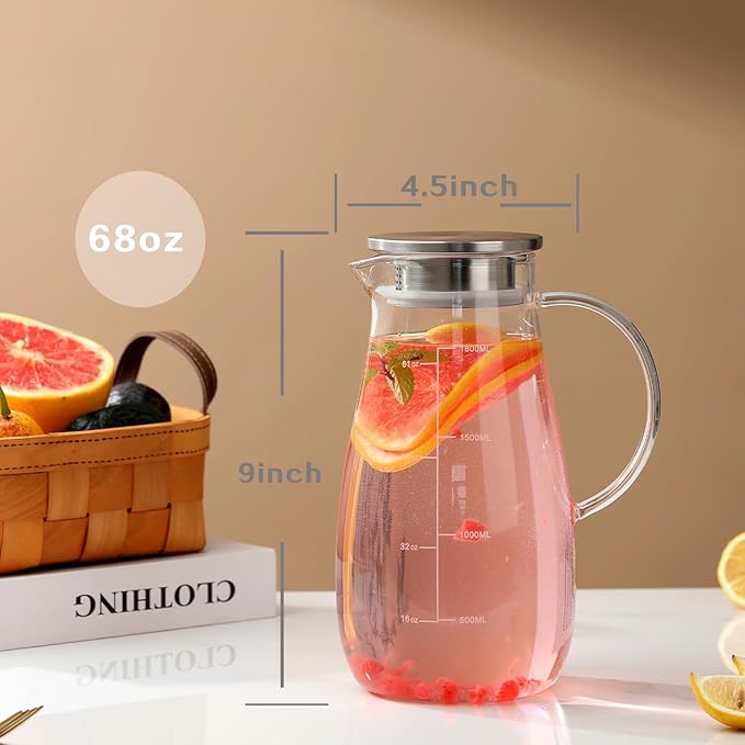 Glass Pitcher with Lid, 68 oz/2 Liter,Hand Blown Glass Water Pitcher and Precise Scale Line for Hot/Cold Beverages, Juice, Lemonade, and Milk, Heat Resistant,Christmas Gifts