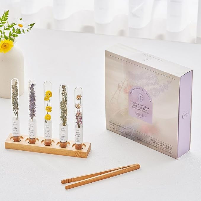 KKOKDAM Fancy Korean Tea Gift Set for Christmas – Premium Flower Tea Stick Variety Pack with Tray - 5 Loose Leaf Blooming Flower Teas