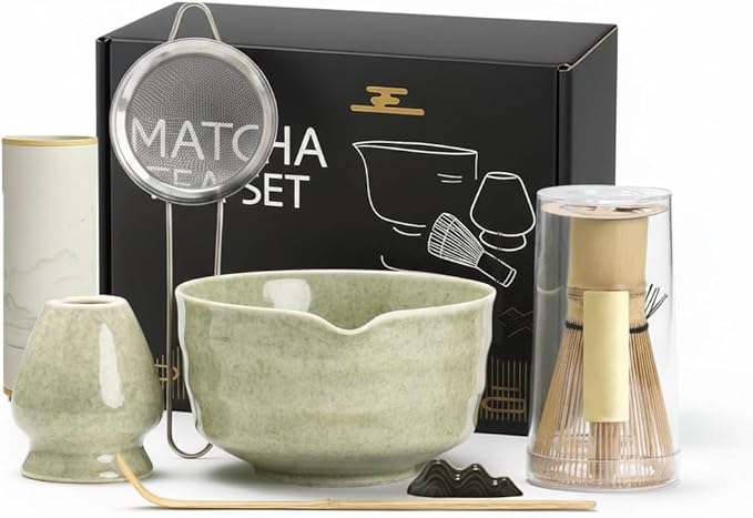 Matcha Whisk Set – 7-Piece Matcha Kit with Spouted Bowl, Bamboo Whisk & Holder, Scoop, Strainer & Spoon – Complete Japanese Tea Set for Beginners, Gifting & Ceremony – Gift Box Included