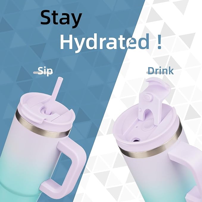 40 oz Tumbler with Handle and 2 Straws,2 in 1 Lid Insulated Water Bottle Stainless Steel Travel Coffee Mug,Lavender Green