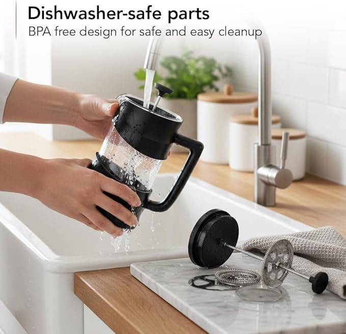 OVENTE French Press Coffee Maker 20 Ounce with Heat Resistant Borosilicate Glass & Stainless Steel 4-Level Filtration System, Portable Cold Brew Coffee Maker for Travel, Camping or Gift, Black FPW20B