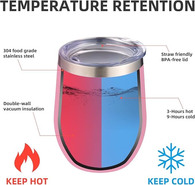 12 oz Insulated Wine Tumbler with Lid and Straw,Stainless Steel Stemless Wine Tumbler Glasses Double Wall Vacuum Wine Cups Tumbler Bulk for Coffee,Champaign,Cocktail,Office（Pink,1）