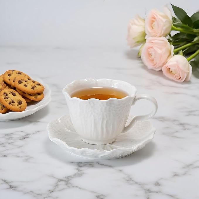 2 Pack White Ceramic Cups and Saucers Coffee Cups with Cabbage Floral Design 200ml (7 oz) Tea Cups for Espresso, Latte, Porcelain Mugs