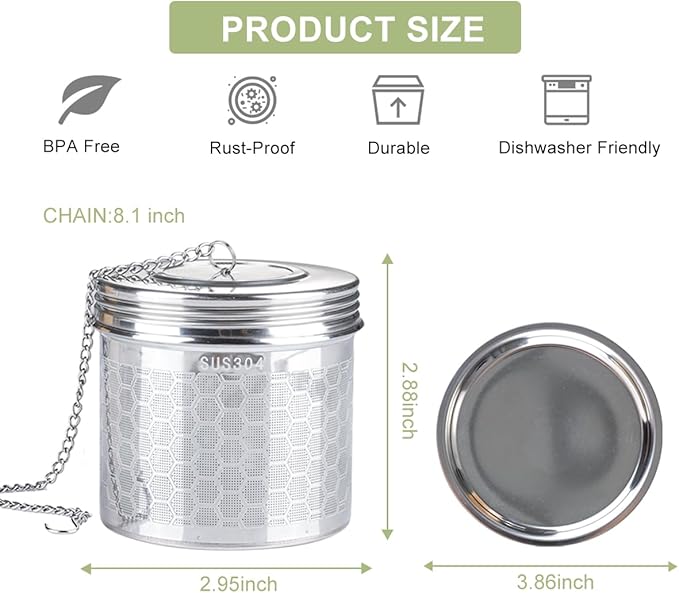 Tea Infuser Tea Strainer for Loose Tea, Stainless Steel Tea Ball with Chain Hook and Drip Tray, Extra Fine Mesh Tea Filter for Brew Tea, Spices & Seasonings (1Pack，2.95in）