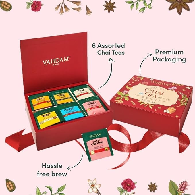 VAHDAM, Assorted Chai Tea Variety Pack (6 Delicious Flavors, 36 Eco Friendly Pyramid Tea Bags) Caffeinated, Gluten Free, Non GMO | Indian Masala Chai Tea Blends | Christmas Tea Gift Sets