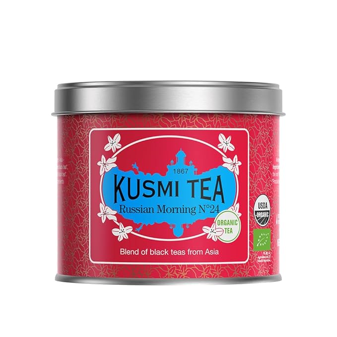 Kusmi Tea - Russian Morning No.24 - Organic Black Tea - Blend of Asian Black Teas - Grand Yunnan, Ceylon & Assam - Smooth, Flavourful, Caffeinated Tea - Loose Leaf Tea - Tin Box of 3.5 oz