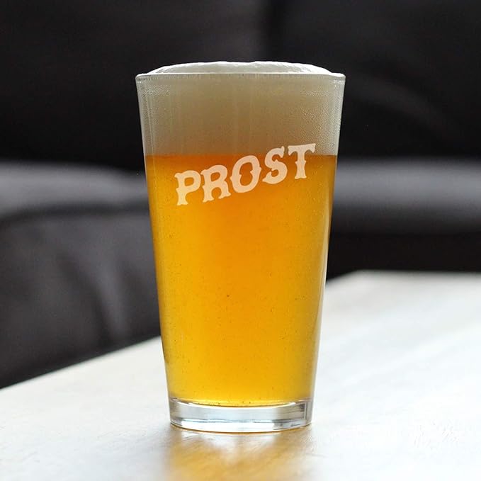 Prost - German Cheers - Fun Pint Glasses for Beer - Germany Themed Party Decor for Men and Women - 16 oz Large Mug