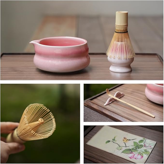 7pcs sunset pink matcha whisk set with cute 'Chubby Belly' design - complete matcha kit set includes bamboo whisk, bowl, stand, scoop, sifter, towel -ideal gift for women and Japanese tea ceremony