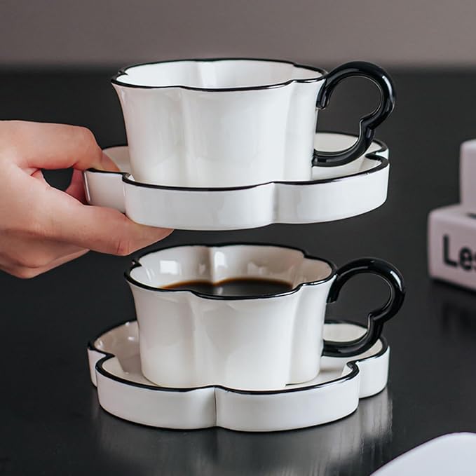 Ceramic Coffee Mug with Saucer Set, Creative Cute Cup with Flower Coaster for Office and Home, 8.4 oz/240 ml for Tea Latte Milk-White