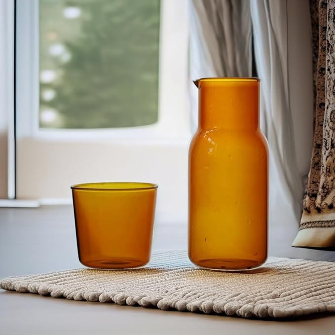 Bedside Glass Water Carafe Set with Cup, Glass Carafe with Lid Mouthwash Cups for Bedroom Bathroom Juice Wine Milk 19oz Amber