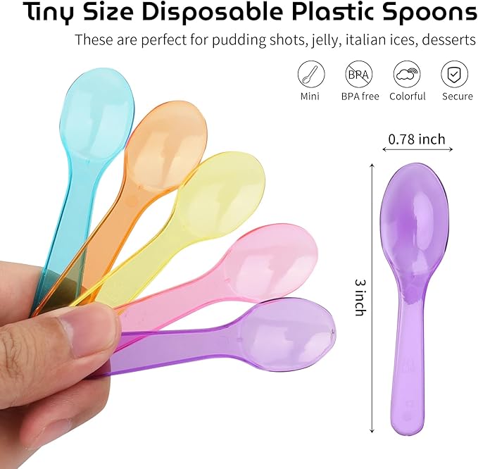 3" Colored Mini Taster Spoons Extra Small Plastic Tasting Spoon for Yogurt Pudding Jello Shots Ice Cream, Multi-Color Tiny Sample Spoons (1 Pack of 100 PCS)