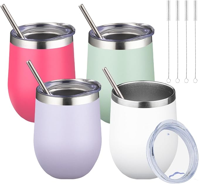 12oz/4 Pack Wine Tumbler Glasses with Lid Stemless Double Wall Vacuum Stainless Steel Travel Tumbler Keeping Cold & Hot for Wine,Coffee,Cocktails,Christmas Drinks-Family and Gifts(Multi color-9)