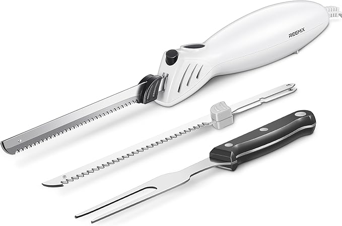 Reemix Electric Knife, Z3042 Electric Knife Set for Carving Meats, Poultry, Bread, Crafting Foam & More, 2 Blades for Meats & Bread, Fork Included (White)