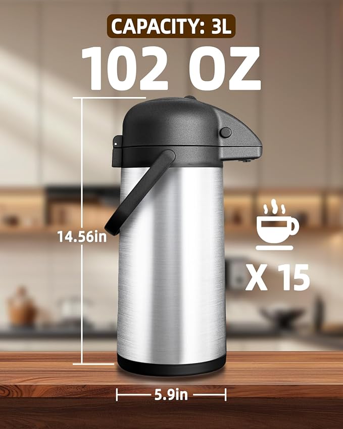 Esemoil Coffee Carafe for Keeping Hot with Pump, 102oz/3L Large Capacity Airpot Coffee Dispenser, Insulated Stainless Steel Thermal for Hot/Cold Water Liquid Tea Chocolate for Hot Cocoa for Parties
