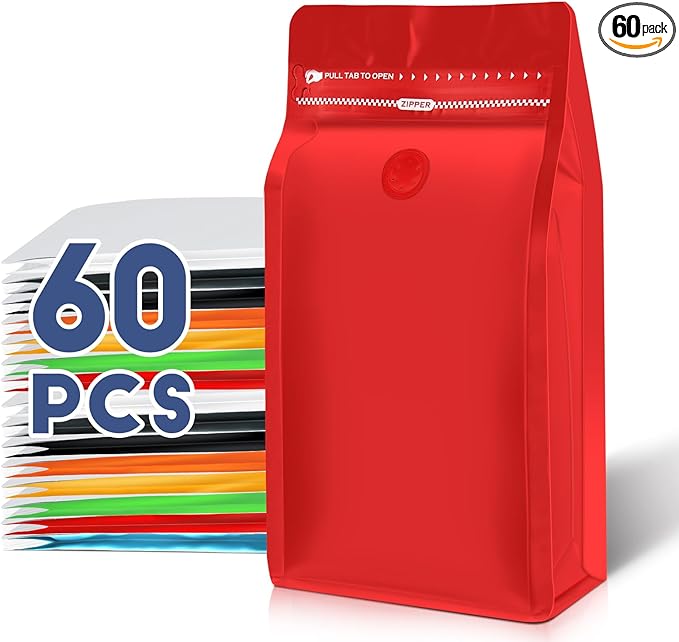 Coffee Bags with Valve(60pcs,16 oz,1 lb) Vented Coffee Beans Packaging Bags High Barrier Aluminumed Foil Flat Bottom Heat Sealed Side Zipper Resealable Storage Bag for Home or Business（Red）