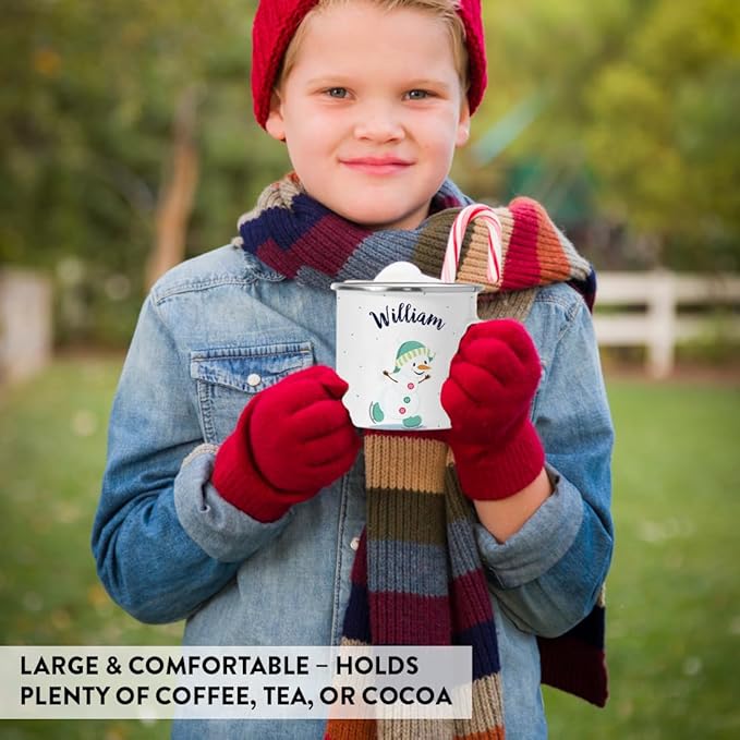 Andaz Press Personalized Name 11oz. Kids Christmas Hot Chocolate Stainless Steel Campfire Coffee Mug, Charming Snowman Aqua Ice Skates, 1-Pack, Custom Birthday Xmas Cup Kids Hot Chocolate Mug