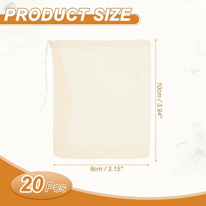 uxcell 20 Pcs Spice Bags for Cooking, 4x3 in Reusable Empty Tea Bags Muslin Strainer Cotton Cheese Cloth for Loose Leaf Tea Sachet Straining Soups Herbs, Beige