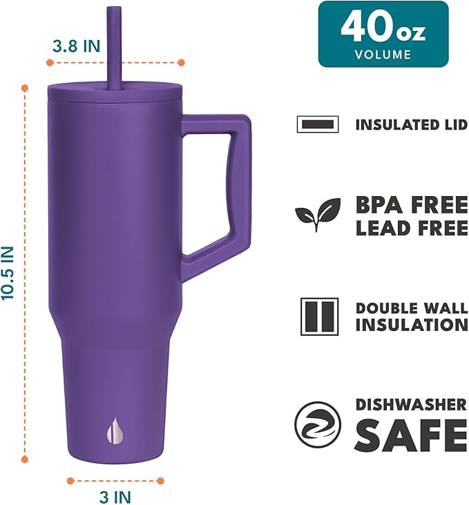 Elemental 40 oz Tumbler with Handle and Straw - Spill Proof Insulated Stainless Steel Commuter for Hot and Cold Beverages - Travel Coffee Mug with 2 Straws & Spill Proof Lid - 40oz - Purple