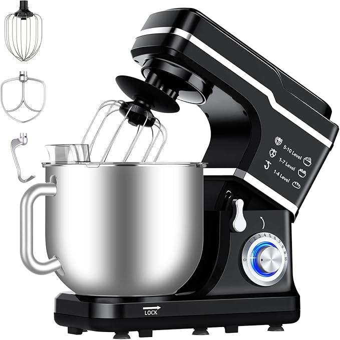 7.5 QT Stand Mixer, 10-Speed Tilt-Head Electric Dough Mixer with Stainless Steel Bowl, Includes Dough Hook, Wire Whisk, and Beater, with Splash Guard for Home Cooks, Black