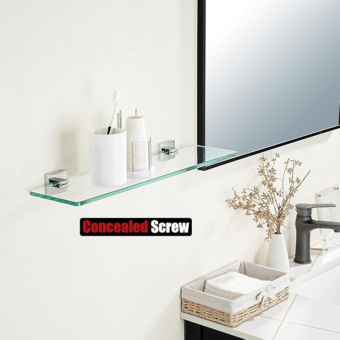 JQK Bathroom Glass Shelf, Floating Tempered Glass Shower Storage 24 by 5 inches, 304 Stainless Steel Polished Chrome Wall Mount, TGS201L24-CH