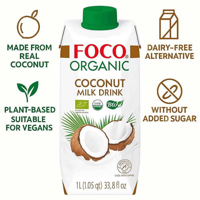 FOCO UHT USDA-Organic NON-GMO Coconut Milk Drink/Beverage 33.8 fl Oz, Pack of 6