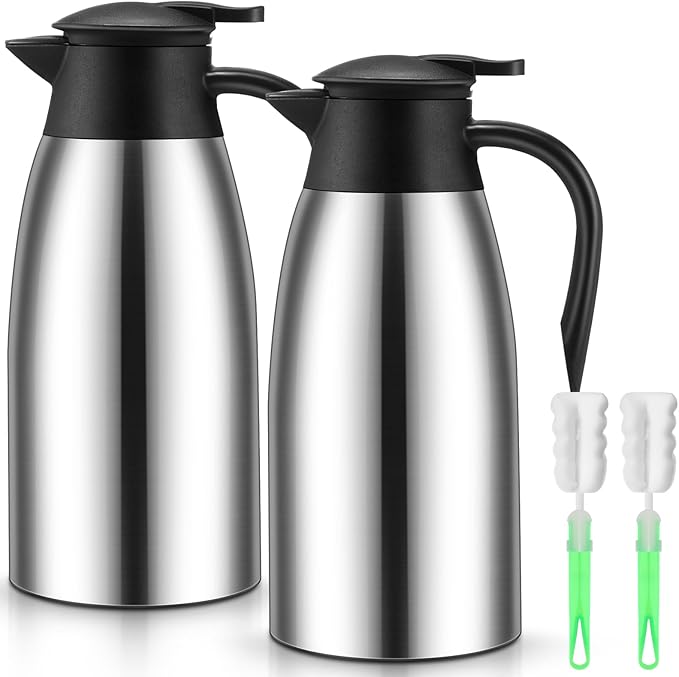 Uiifan 2 Pcs 68oz Thermal Coffee Carafe Insulated Stainless Steel Thermal Coffee Carafe Double Walled Vacuum Flask Carafes with Brushes for Keeping Tea for 12 Hours(Silver)