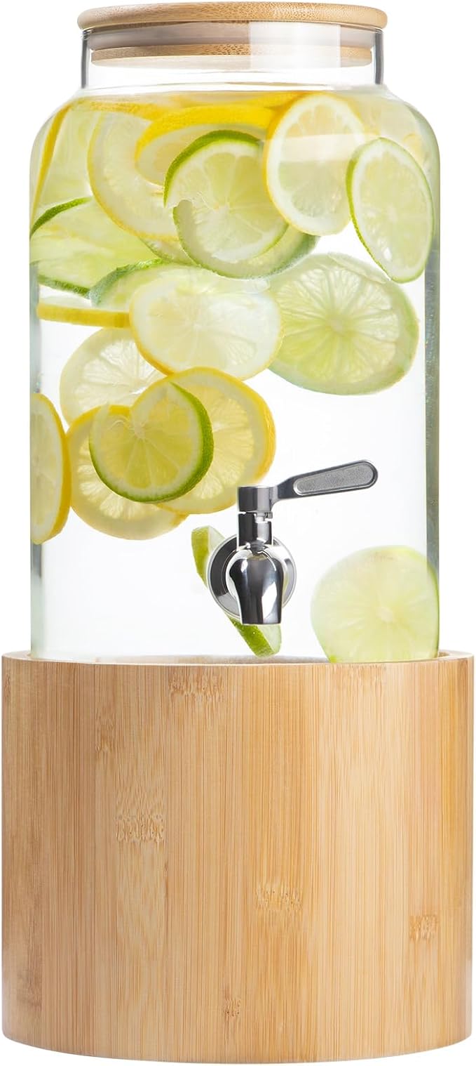 Kitchentoolz 1 Gallon Glass Drink Dispenser for Parties on Bamboo Stand - Premium Borosilicate Beverage Jar with Stainless Steel Spigot - Lemonade, Water, Sun Tea, Kombucha for Spa
