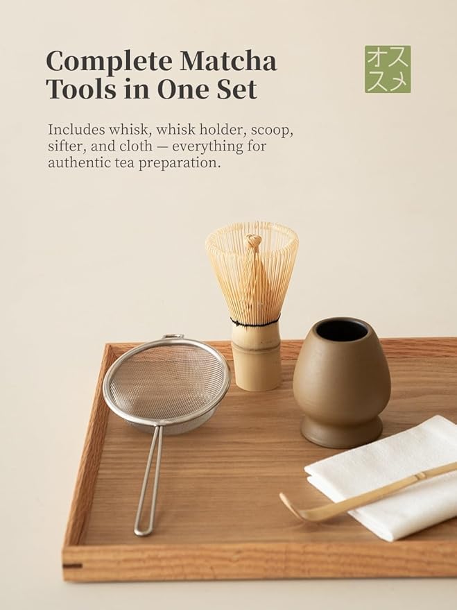 6-pcs Japanese Matcha Whisk Set, Handmade Ceramic Matcha Set with Bowl(Chawan),Bamboo Whisk(Chasen) and Holder, Scoop, Sifter & Tea Towel,Matcha Kit for Ceremony(Matte Oak Brown)