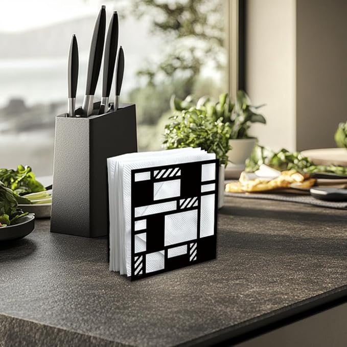 Modern Checkered Decorative Black Metal Napkin Holder for Table, 5.3" x 4.9" x 1.9" Geometric Cutout Standing Napkin Holder for Home Kitchen Restaurant Picnic Party Coffee Bar Dining Room
