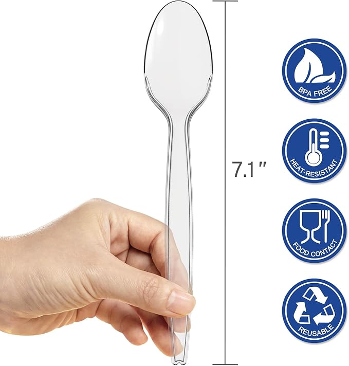 POSATE 7.1" Plastic Spoons Heavy Duty Disposable Teaspoons, Clear (100 Count)