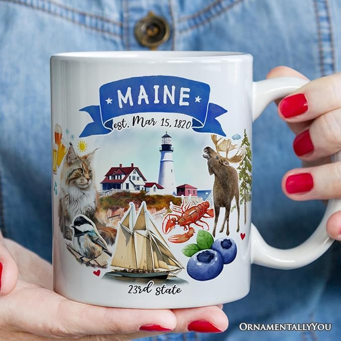 OrnamentallyYou State Travel Landmark Mugs – 12 oz Ceramic Coffee Cups, U.S. Souvenir Gift for Tourists (Artistic Maine State Themes and Landmarks Mug)
