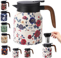 Vintage Floral Pattern Tea Pots – Built-in Infuser,Vintage Floral Teapot with Built In Infuser Stainless Steel Thermal Carafe with Lid for Hot Drinks,White(Wooden handle,35oz)