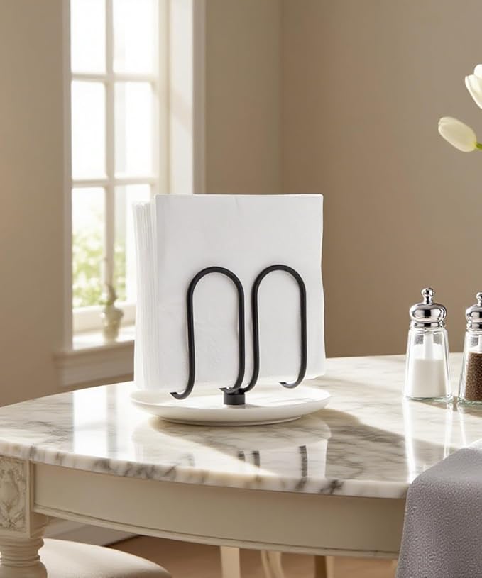 VROOMIUM Napkin Holder for Table, Effortless Cleaning Ceramic Base, 1 lb Weight, Black Napkin Holders for Paper Napkins, Servilleteros para Mesas