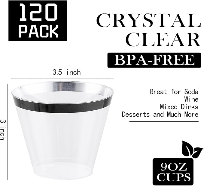 WELLIFE 120 PCS Black Plastic Cups,Disposable Cocktail Glasses,Plastic Wine Glasses Disposable,9 oz Clear Cups for Party and New Year