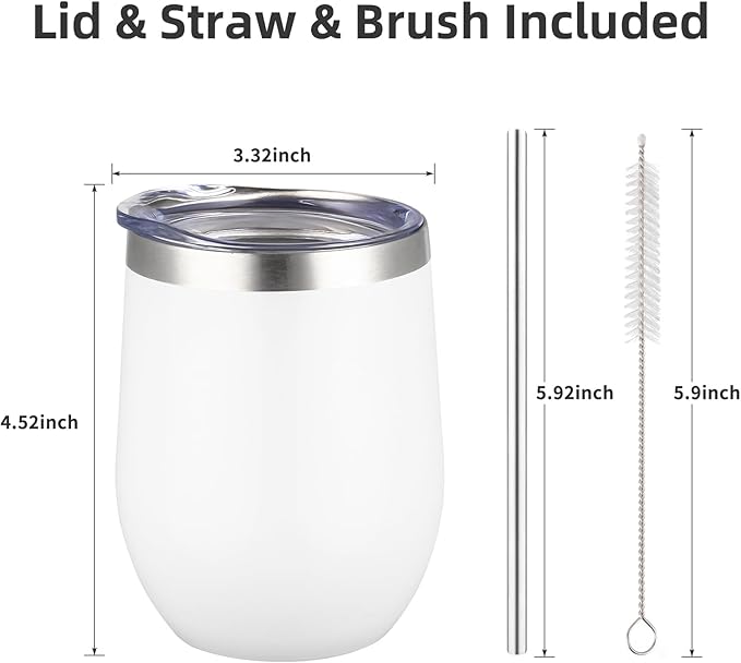 12 oz Insulated Wine Tumbler with Lid and Straw,Stainless Steel Stemless Wine Tumbler Glasses Double Wall Vacuum Wine Cups Tumbler Bulk for Coffee,Cocktail,Office (White,4)