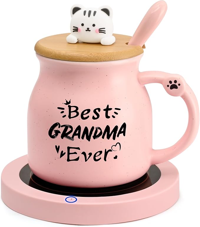 Coffee Mug Warmer, Best Grandma Ever Mug, Cute Cat Mug Set, Coffee Cup Warmer for Desk, Gifts for Grandma, Pink Heated Coffee Warmer for Nana Home Office Christmas Birthday Gifts
