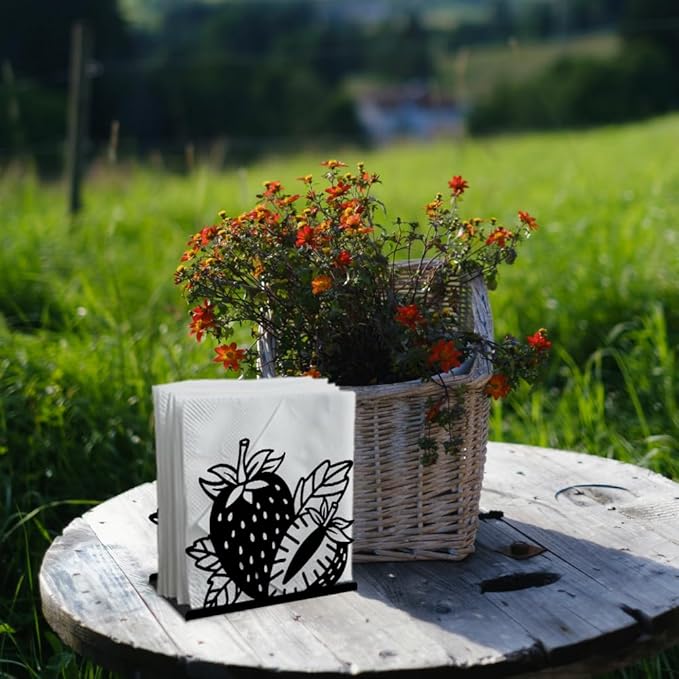 Strawberry Decorative Black Metal Napkin Holder for Table, 5.3" x 4.4" x 1.9" Strawberry Fruit Standing Napkin Holder for Home Kitchen Restaurant Picnic Party Coffee Bar Dining Room