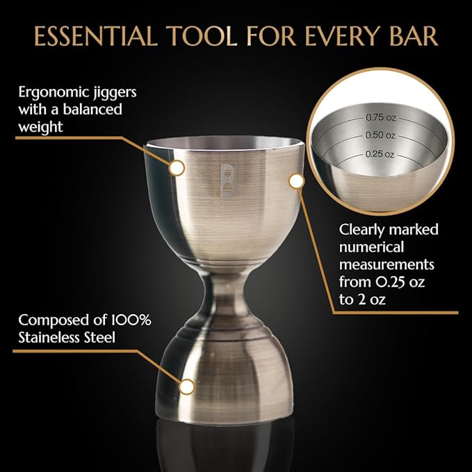 Double Bell Jigger by Bull In China - 0.25oz to 2oz Measures for Cocktails, Bars & Bartenders (Antique Brass)