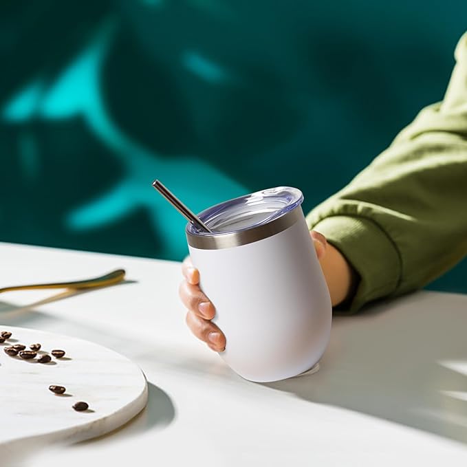 12 oz Insulated Wine Tumbler with Lid and Straw,Stainless Steel Stemless Wine Tumbler Glasses Double Wall Vacuum Wine Cups Tumbler for Coffee,Champaign,Cocktail,Office (White,1)