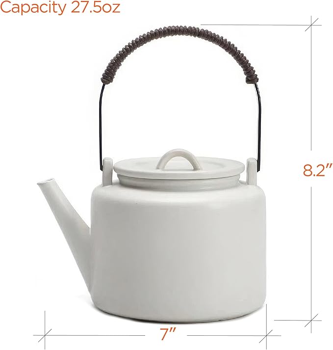 Small Stove Safe Ceramic Teapot with Cold Touch Curved Handle (27oz) - Hand-Glazed Finish - Suitable for Boiling Water and a Variety of Teas and Herbs - Matte Black-White