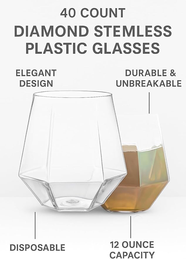 Oojami 40 count Diamond Unbreakable Stemless Plastic Wine Champagne Whiskey Glasses Elegant Durable Disposable Indoor Outdoor Ideal for Home, Office, Bars, Wedding, 12 Ounce Cups (Clear)