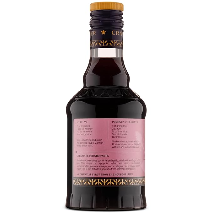 Liber & Co. Real Grenadine Syrup - Drink and Cocktail Mixer with 65% Cold-Pressed Pomegranate Juice & Orange Blossom Water - All Natural, No Dyes - Essential for Tequila Sunrise, Shirley Temples, Sodas & Classic Cocktails (12.7 oz)