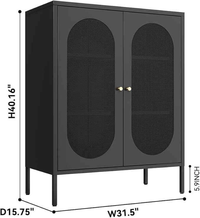 Metal Storage Cabinet，Small Cabinet with 2 Mesh Doors, Pantry Storage Cabinet with Adjustable Shelf, Black Accent Cabinet for Home, Office, Living Room,Dining Room,Sideboard, Hallway and Entryway