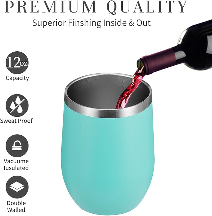 MEWAY 12oz/8 Pack Wine Tumbler Glasses with Lid - Stemless Double Wall Vacuum Stainless Steel Travel Tumbler - Keeping Cold & Hot for Wine,Coffee,Cocktails,Gifts (Light green,Set of 8)