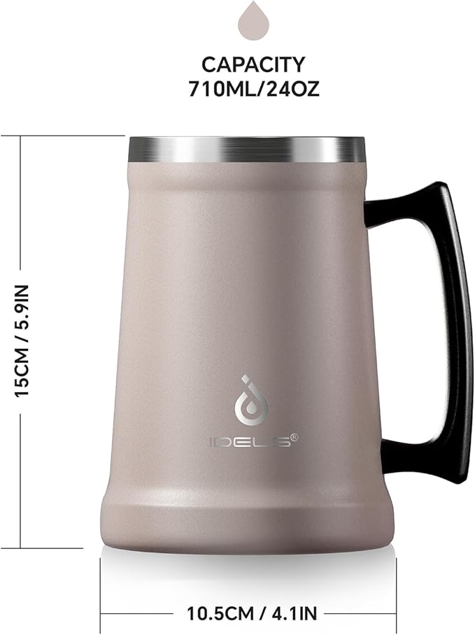Ideus Insulated Beer Stein, 24/32oz Stainless Steel Double Walled Beer Mug Giant Bar Drinkware Metal Beer Cup with Big Grip Handle (Dusty Pink, 24oz (710ml))