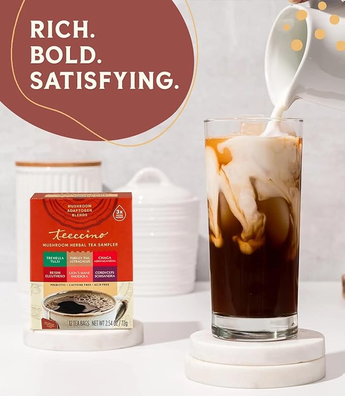 Teeccino Mushroom Herbal Tea - Mushroom Adaptogen Tea Sampler - 12 Tea Bags - Support Your Health With Mushrooms and Adaptogenic Herbs, Prebiotic, Caffeine Free, Acid Free